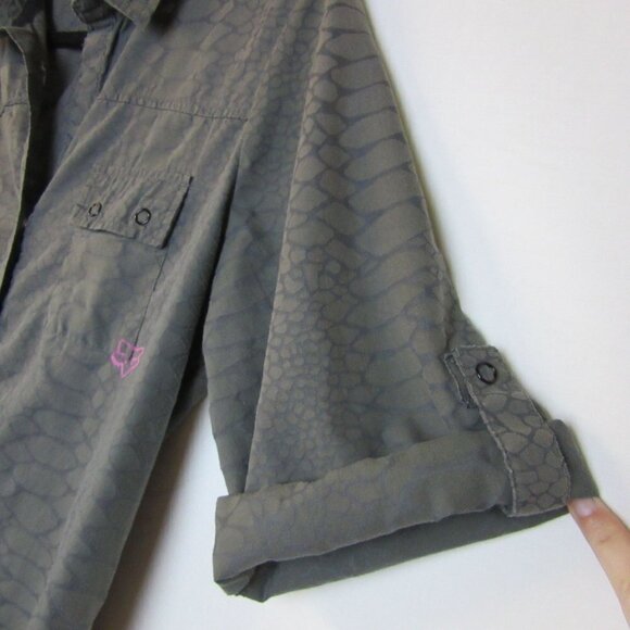 Fox Racing Shirt Gray Animal Print Button Up Blouse Moto Biker Women's Large - Picture 3 of 6